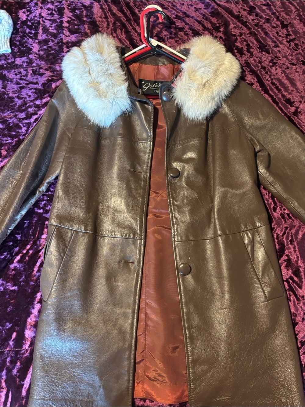 Women’s Brown Leather Coat with Cream Faux Fur Collar